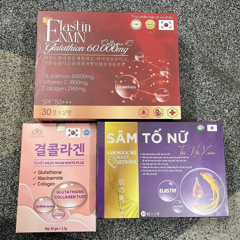 Combo 3 hộp viên uống hỗ trợ đẹp da Sâm tố nữ hồi Xuân (60 viên), hộp viên uống hỗ trợ đẹp da Elastin NMN Glutathion 60.000 60 (viên), hộp gói uống tuyết Ngọc nhan white Plus (30 gói) hỗ trợ đẹp da