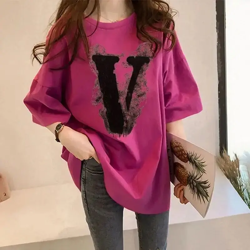 Rose Red Short-Sleeved T-shirt Women's Loose Summer Korean Style Personalized Patterns Mid-Length Large Version BF Style Hong Kong Style T-shirt Fashion Comfort Round Neck Cotton Top Womenswear Collar
