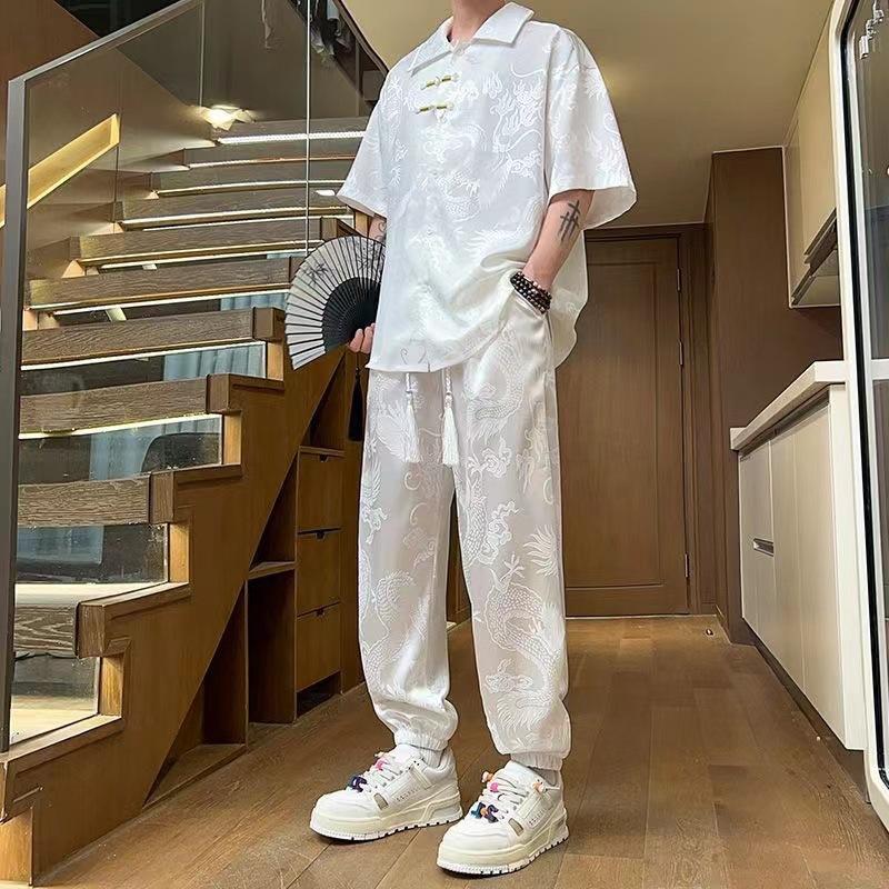 Product Introduction of Chinese Style Dragon Pattern Jacquard Men's Short Sleeve Top & Pants Set - New Asian Trendy Loose Straight & Tapered Outfit |     Summer Breathable Comfort 3