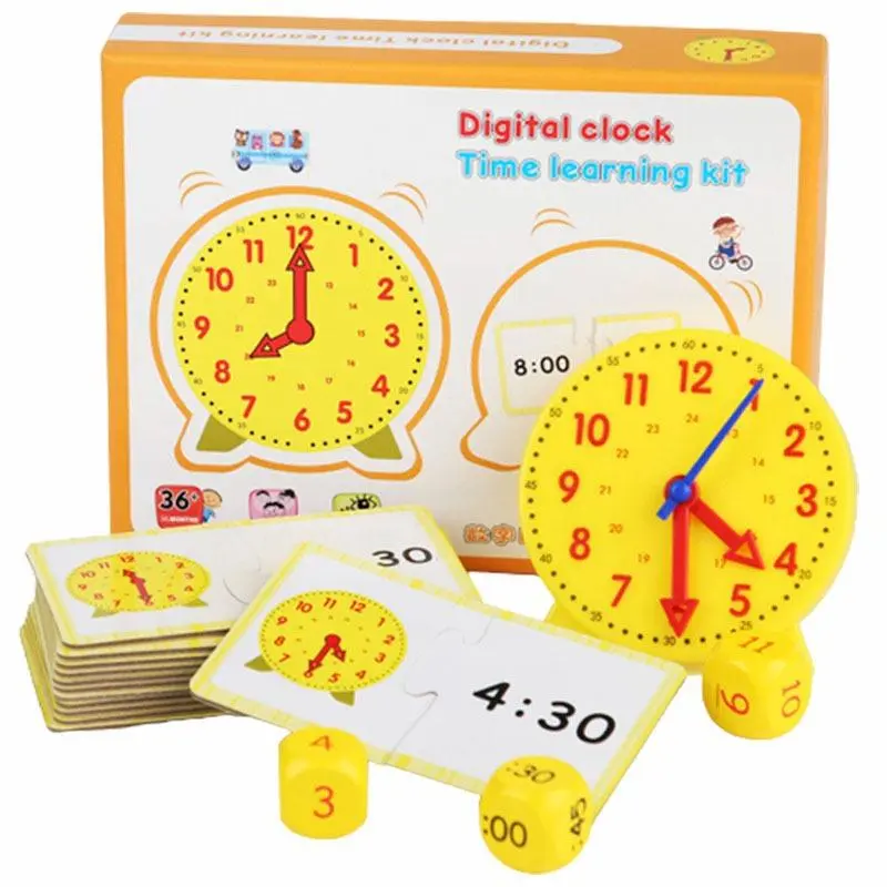 1 Set Time Teaching & Demonstration Clock Model, Including 1 Count Plastic Clock & 3 Counts Dices & 12pcs Double-sided Content Cards, Math Learning Toys For Kids, Christmas Gift