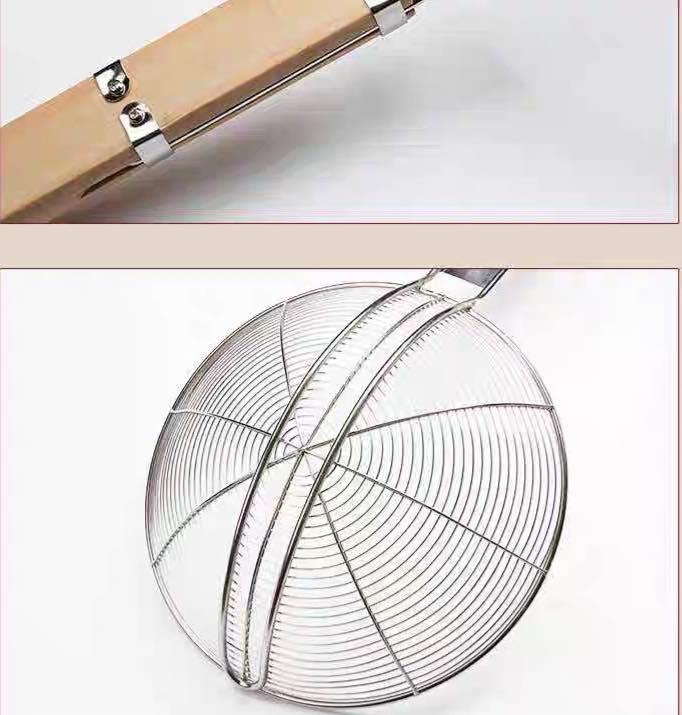 Product Introduction of BX47-50 Kitchen Utensils  Fully Reinforced Double-Layer Wooden Handle Strainer Drain Line Leak High Quality Stainless Steel 11