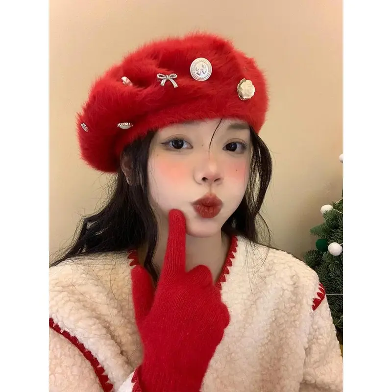 Mũ Nồi Lông Thỏ, Dành Cho Nữ, Mùa Đông, Màu Đỏ, Thích Hợp Cho Giáng Sinh Và Năm Mới, Mũ Họa Sĩ, Phong Cách Hàn Quốc, Thích Hợp Cho Khuôn Mặt Nhỏ Mũ Nhồi Bông Ấm Áp Hoa Hat Nón 2
