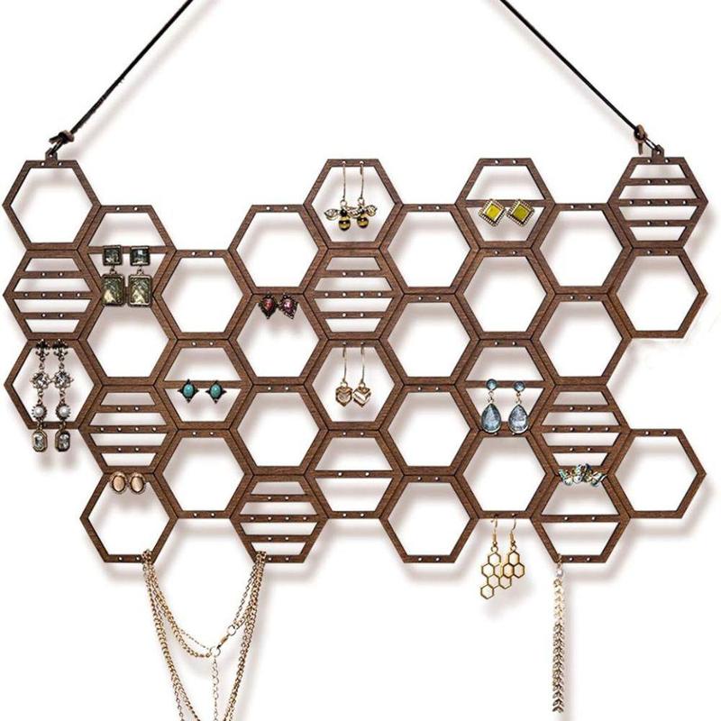 Traditional Wooden Honeycomb Design Jewelry Storage Rack, 1 Count Vintage Earring Display Rack, Jewelry Organizer for Earrings & Necklace 4