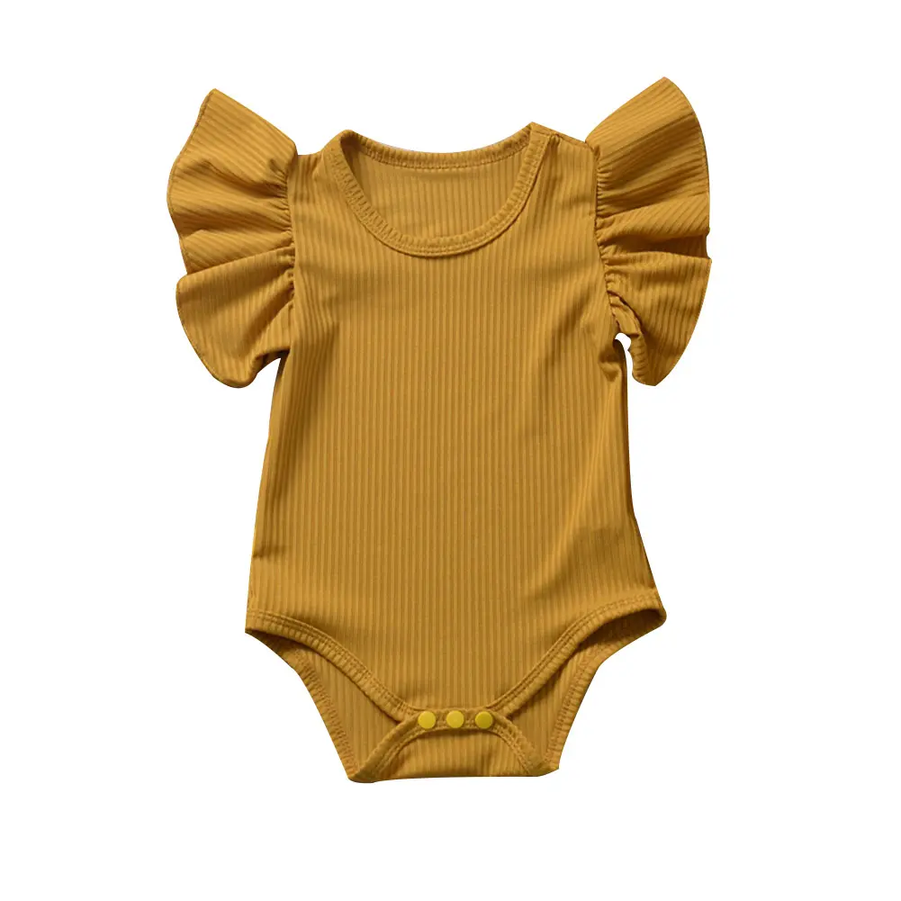 Baby Summer Rompers Solid-Color Ribbed O-Neck Ruffle Sleeves Closefitting Jumpsuit for Toddlers, Boys, Girls