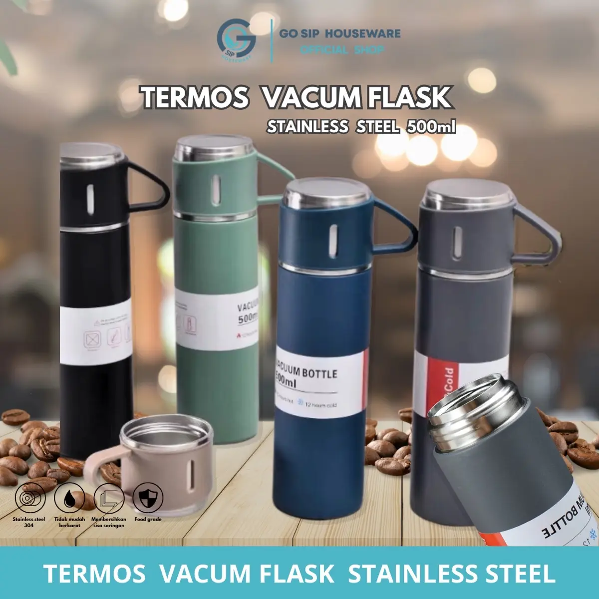 GS - Termos Vacuum Flask 500ml - Botol Termos Sultan Viral Set 3 in 1 gift hampers 500ml - Botol souvenir termos set gelas 3 in 1 tahan panas dingin