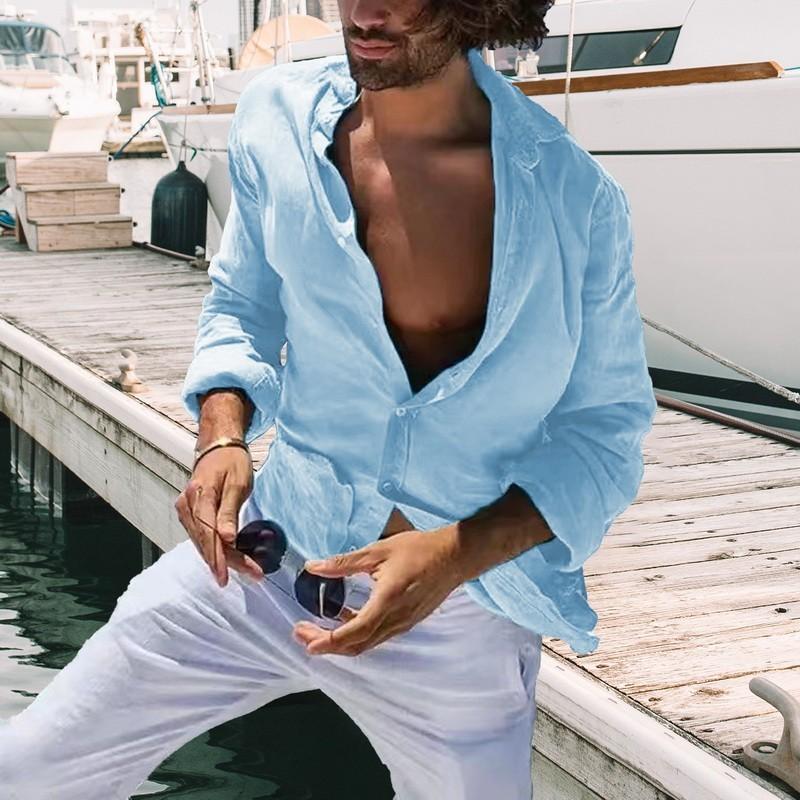 Product Introduction of Men Plain Cotton And Linen-Blend Loose Lapels Long-Sleeved Casual Cardigan Beach Shirt 20