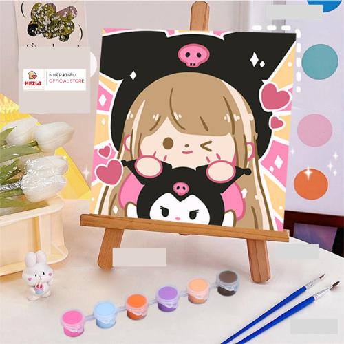 Tranh số hoá Cô Bé Kuromi Hoạt Hình Tranh Tô Màu 20x20cm dễ thương đầy đủ cọ, màu, căng khung sẵn MEILI STORE 1