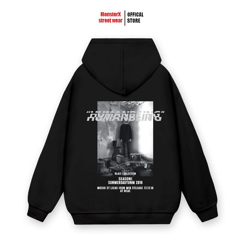  Áo hoodie Human Being nỉ bông Monster X Street Đen nam nữ form rộng thu đông 