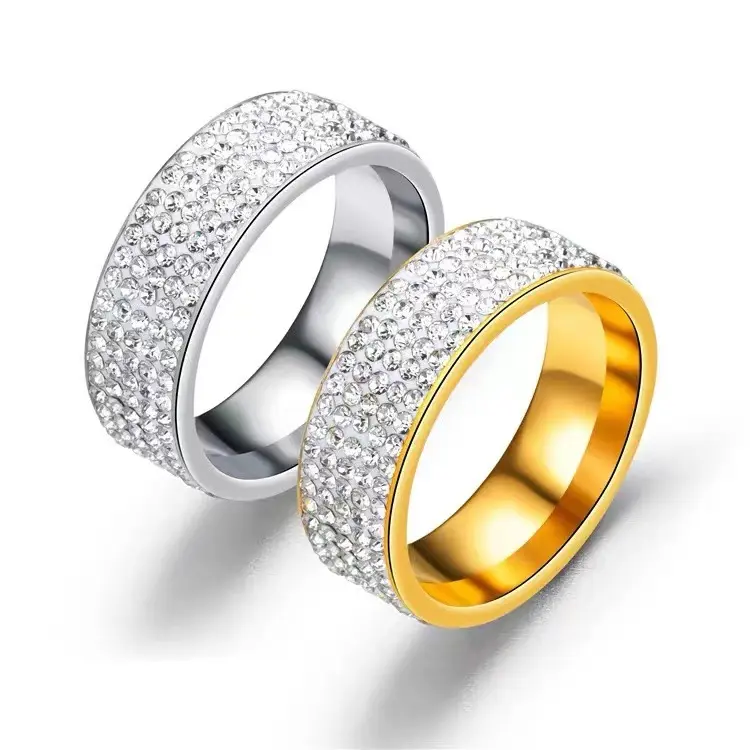 Nhẫn Titan Đính Đá Lấp Lánh Thời Trang Hàn Quốc Cho Nam Nữ Nhẫn Nam, Kim Cương Giả Đất Sét Nóng, Chất Liệu Thép Titan Thiết Kế Năm Hàng Kim Cương Bùn, Nhẫn Thép Không Gỉ, Năm Hàng, Năm 2025