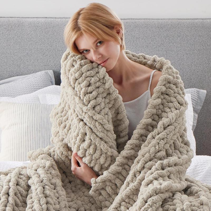 TikTok Shop Chunky Knit Blanket Throw 100 Hand Knit Chenille Throw Blanket for Couch Thick and Soft Cable Knit Crochet Blanket for Bed Decor Linen Beige 50x60 Inches