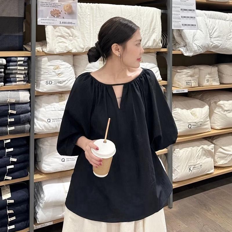 Áo sơ mi tay bồng cổ viền trơn chất vải thô gió mềm mịn By Halinh M277