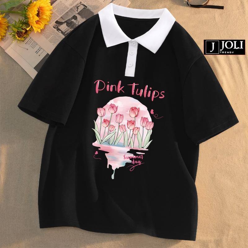 Áo Polo Nữ, Polo Unisex By JOLI Mã PL PinkTulips Form Rộng Tay Lỡ Cho Nam Nữ Top Cotton 2