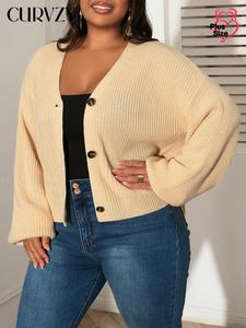 CURVZY Plus Size Solid Button Front Drop Shoulder Cardigan, Casual Long Sleeve V Neck Knitwear for Spring & Fall, Women's Clothing for Daily Wear