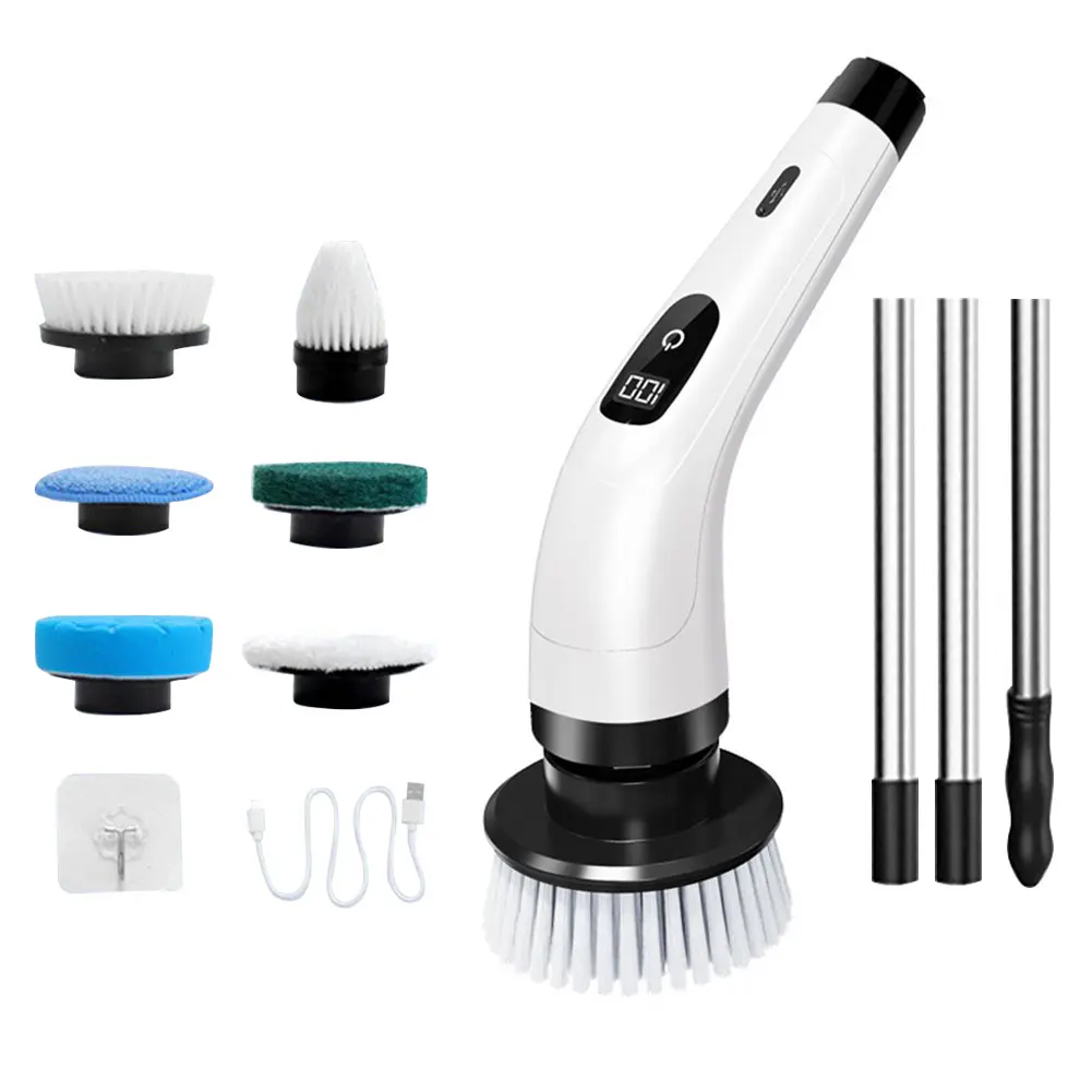 Scrubber Putar Elektrik 2 Kecepatan dengan 7 Kepala Sikat Tahan Air IPX7 & Panjang Dapat Diperpanjang untuk Kamar Mandi Dapur Rumah