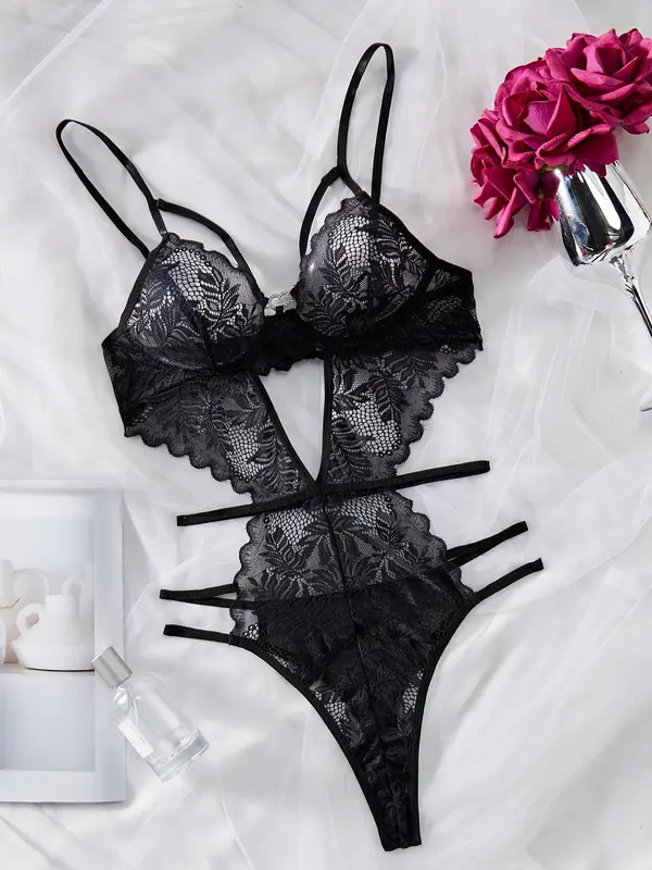 Women's Solid Cut Out Sheer Lace Lingerie Bodysuit, Bodysuit for Women, Naughty Lingerie, Fashion Comfy Sexy Breathable Push Up Bodysuit for Daily Wear, Women Sexy Lingeries for All Seasons, Summer Wear 2024 2