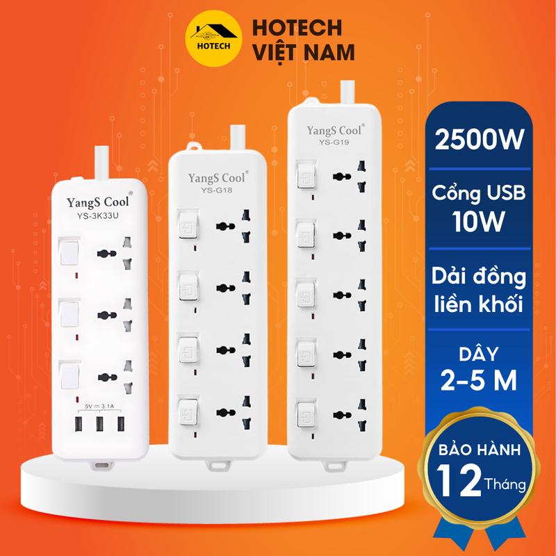 Ổ Cắm Điện 2500W Hotech Chống Giật Chống Cháy An Toàn Dây 2-5M Phích Cắm 2 Chấu Công Tắc Nguồn Riêng Biệt Từng Ổ OD29H