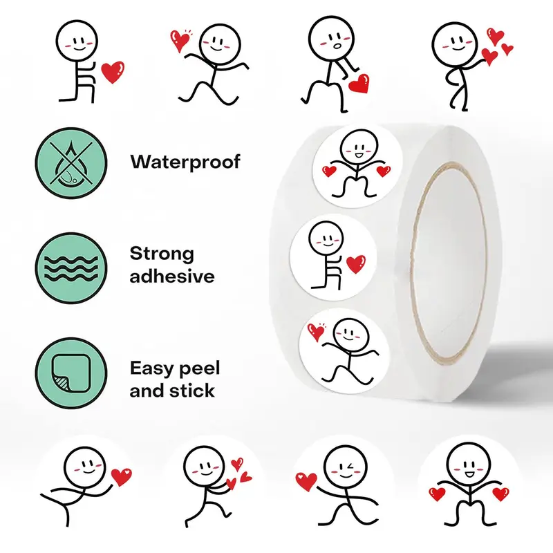 Cartoon Stick Man & Heart Pattern Sticker (500pcs/roll), Self-adhesive Sticker, Decorative Label for Envelope Seal, Holiday Sticker, Ornaments 3