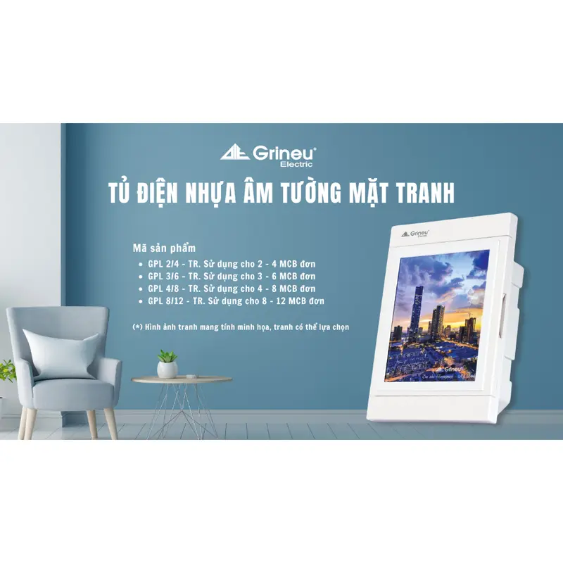 Tủ điện âm tường mặt tranh Grineu GPL 2/4, 3/6, 4/8, 8/12-TR 8