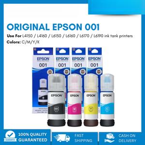 Epson หมึกเติมของแท้ EPSON 001 สำหรับรุ่น L4150-L6190 บรรจุภัณฑ์มีกล่อง สีดำ/ฟ้า/แมจenta/ฟ้ารอง ปริมาณการพิมพ์ 7,500 หน้า คุณภาพสูง 100% ของแท้