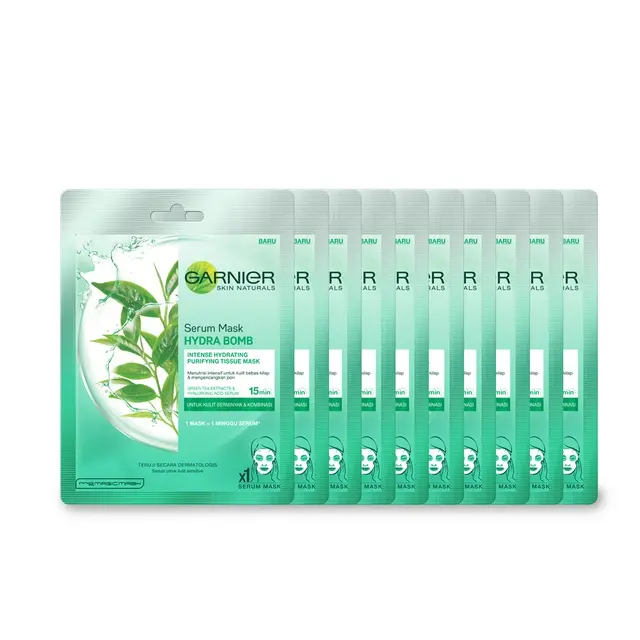 Garnier Serum Mask Green Tea 10 Pcs Masker Lebih Hemat Garnier Serum Mask Hydra Bomb Green Tea Skin Care (Masker Wajah Untuk Kulit Berminyak & Berjerawat) 2