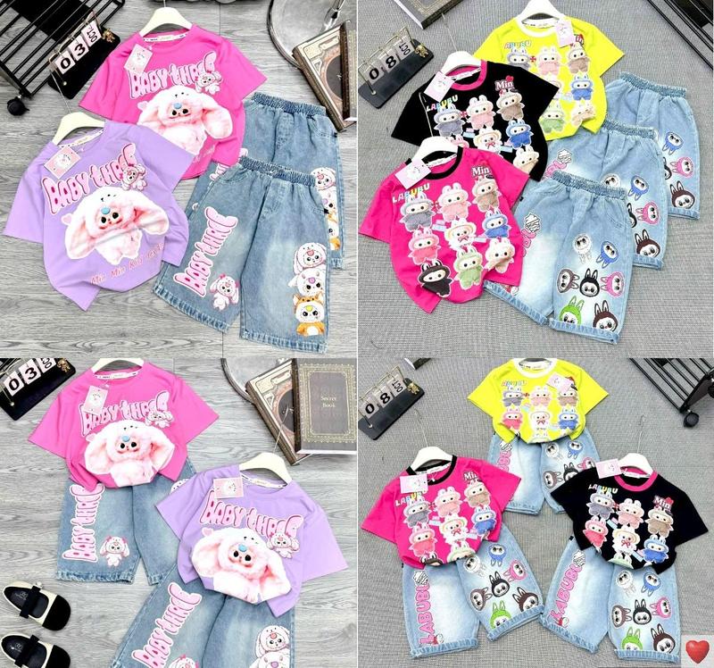 [MinMinKid2] (18-45kg dưới 1m55) Set áo thun cotton in hình Labubu, Baby Three ngộ nghĩnh phối QUẦN JEAN NGỐ cá tính, trendy cho bé gái