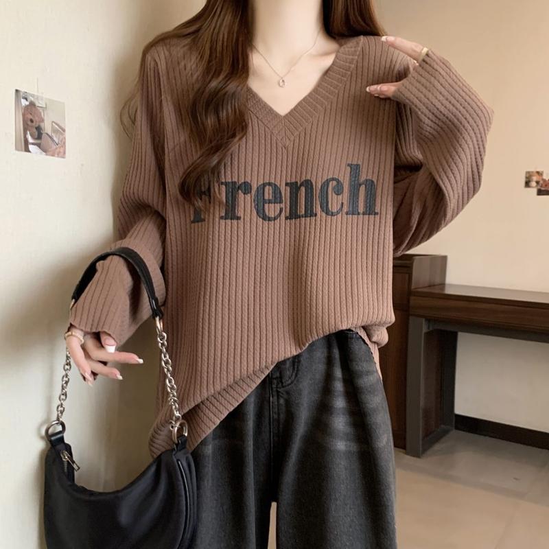 Product Introduction of Áo Thun Dài Tay Dáng Rộng Cổ Chữ V, Cỡ Lớn, Phong Cách Lười Biếng, Quần Áo Nữ, Phong Cách Mới Đầu Thu, Che Thịt, Dễ Phối Đồ, Áo Thường Ngày Dài Trung Bình Thời Trang 15