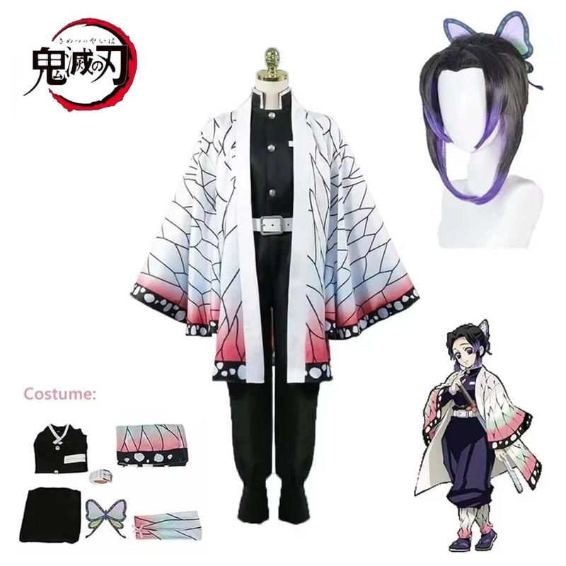 Trang phục cosplay Kimetsu No Yaiba Kochou Shinobu, Bộ tóc giả Anime Demon Slayer Kimetsu No Yaiba, Đồng phục Kimono, Thích hợp cho Halloween, Dành cho người lớn và trẻ em 0