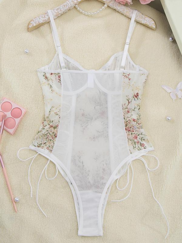 Women's Floral Print Lace Up Shapewear Bodysuit, Adjustable Strap Backless Shaper, Tummy Control Shapewear for Women 1