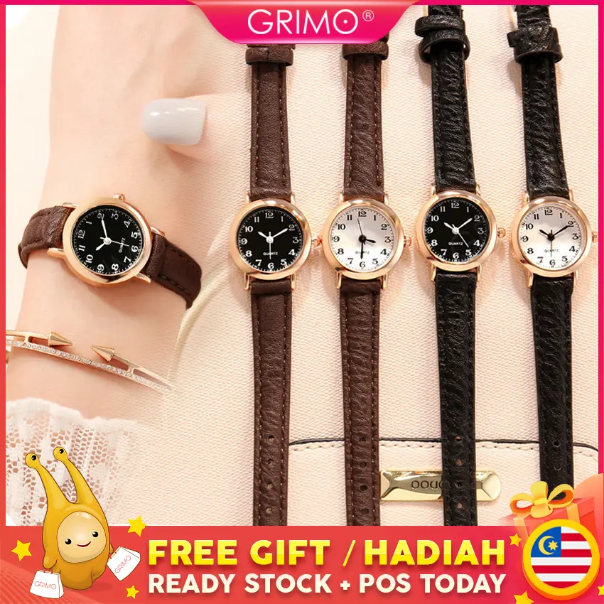 READY STOCK GRIMO Equinox Round Watch Women's Analog Leather Jam Tangan Perempuan Woman Lady Kids Lawa Gift ac11872