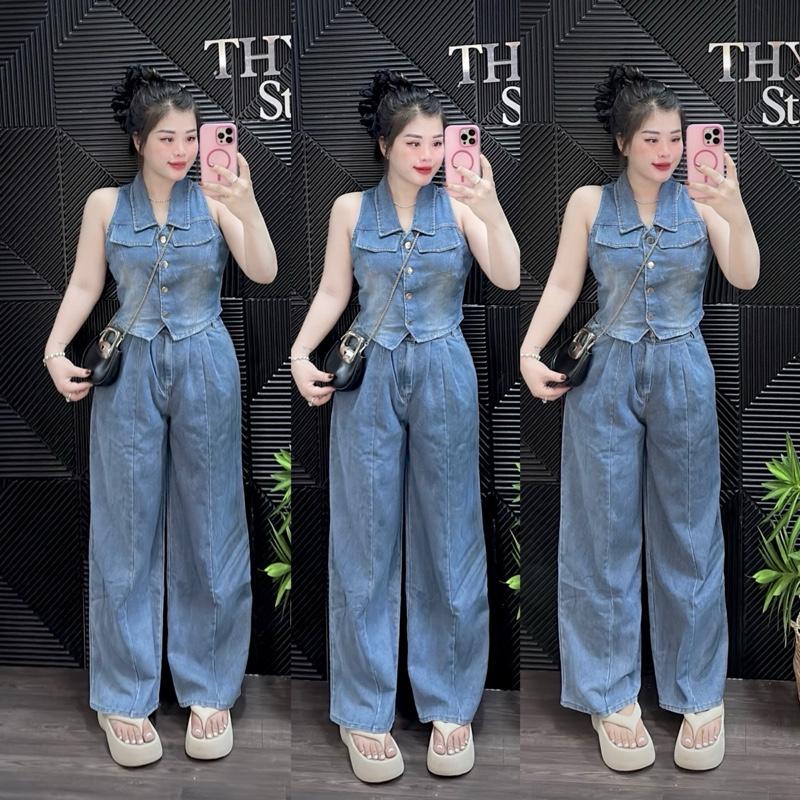 (47-58kg) BỘ JEAN Áo sát nách gài nút , quần jean ống rộng lưng thun có túi Top Women Nữ