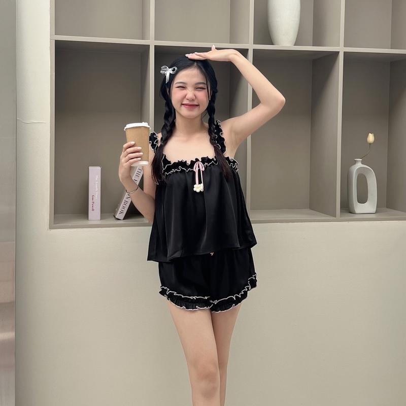 Maisleepwear Bộ Áo Hai Dây Quần Ngắn Bèo Đôi Xinh Lụa Mặc Nhà MS1190