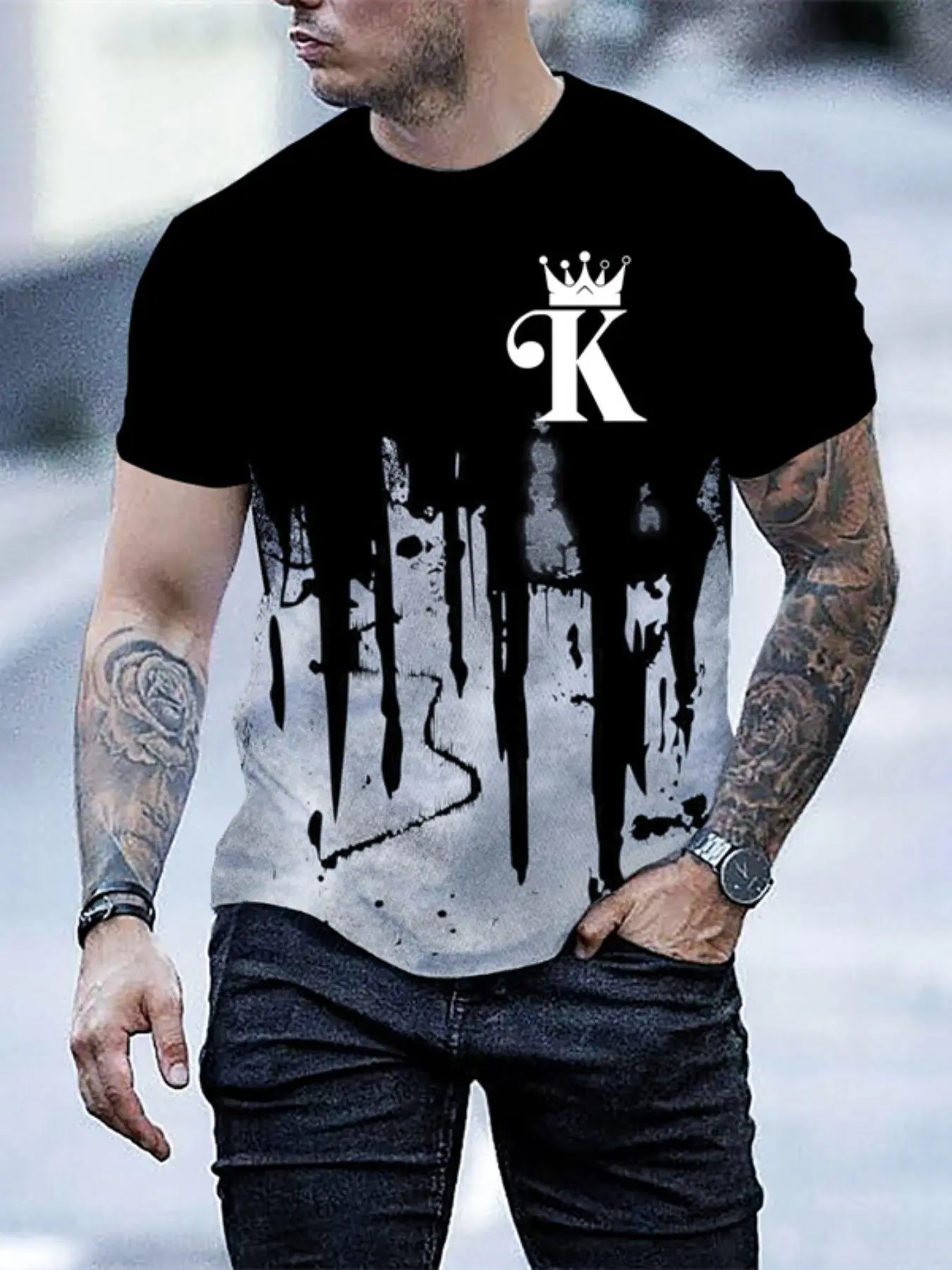 Men's Regular Fit Crown & Letter Print Ink Splashing Effect Round Neck Tee, Casual Short Sleeve Crew Neck T-shirt for Summer, Fashion Men's Top for Daily Wear