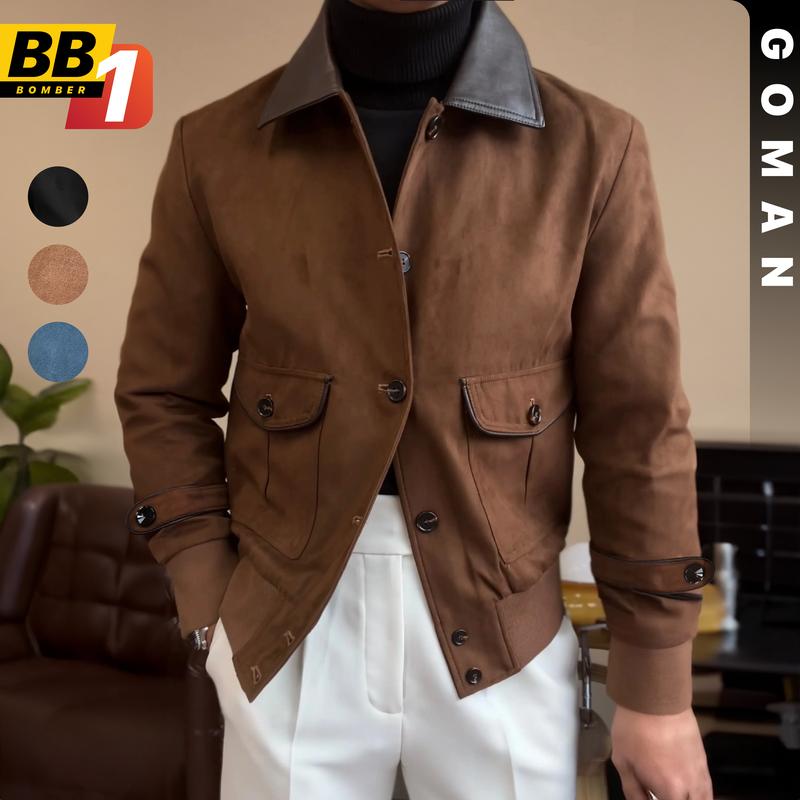 BB1 Áo Bomber Nam GOMAN Áo Da Lộn Nam Phong Cách Hàn Quốc Dáng Ngắn Phối Cổ Da PU Cúc Đóng Jacket Menswear