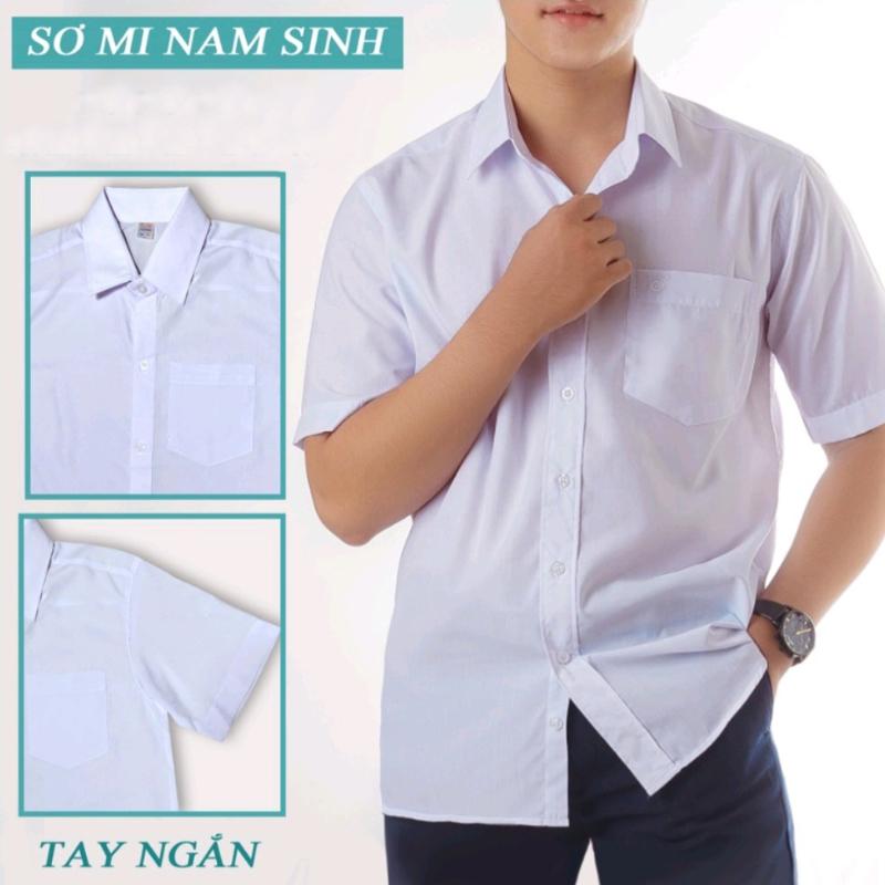 Áo sơ mi nam trắng đi học sinh tay ngắn và dài cấp 2 và 3 vải kate hàng tiêu chuẩn vạc ngang Menswear Có Cổ Shirt