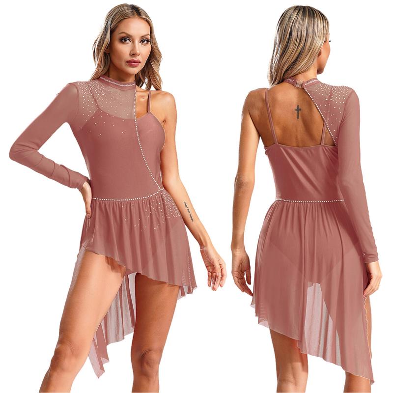 dPois Women Single Long Sleeve Lyrical Dance Costume Irregular Skirt Leotard Modern Contemporary Dress 5