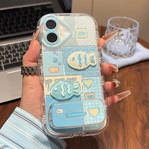 Blue Plaid Little Fish Apple 16 Pro Max Phone Case 15 Plus/14/13/12/11 Cartoon Shockproof New Soft Case