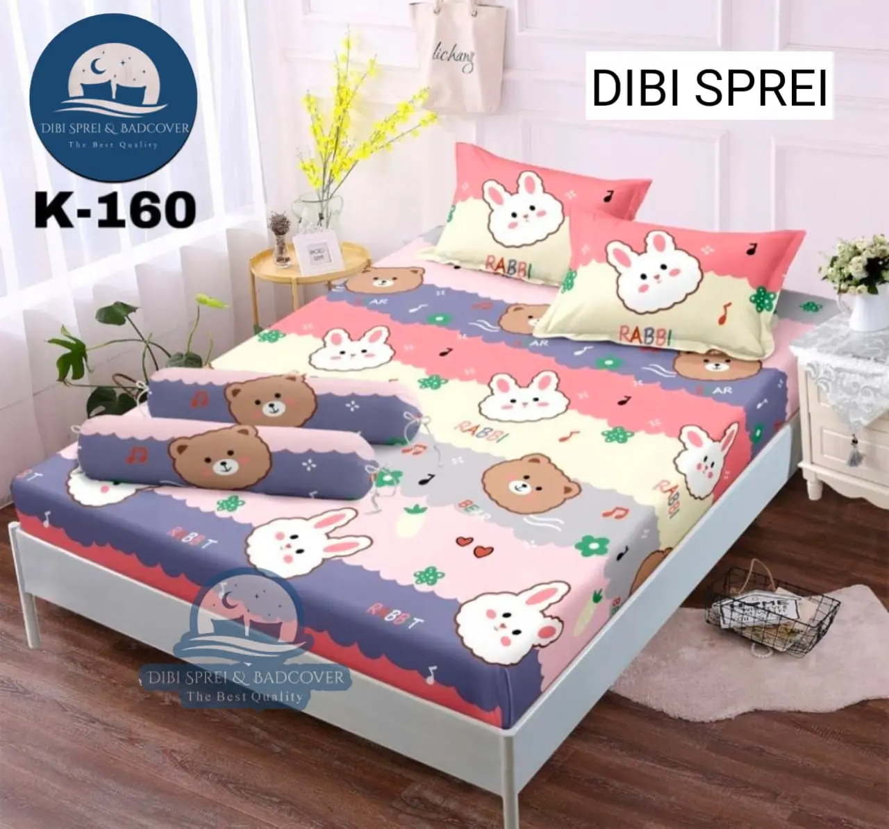 Promo Terlaris Sprei Aestheitc Rabbit Bear Bahan Katun Lembut Anti Luntur King Size 180 x 200