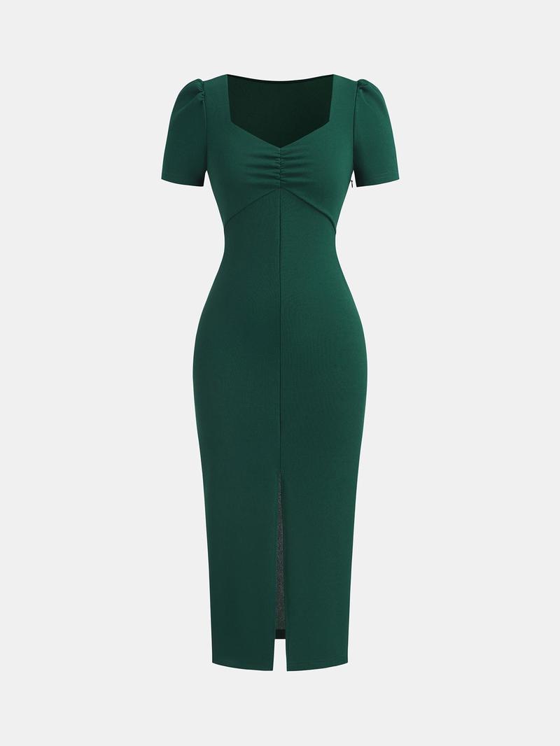Product Introduction of YOZY Women's Plain Ruched Split Hem Dress, Elegant S Midi Dress for Party Dating Wear, Ladies Clothes for All Seasons 15
