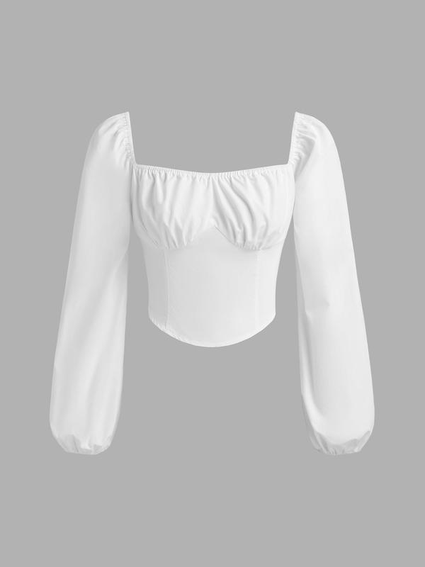 YOZY Women's Plain Shirred Curved Hem Bishop Sleeve Crop Blouse, Casual Square Neck Long Sleeve Top for Daily Wear, Ladies Clothes for All Seasons 3