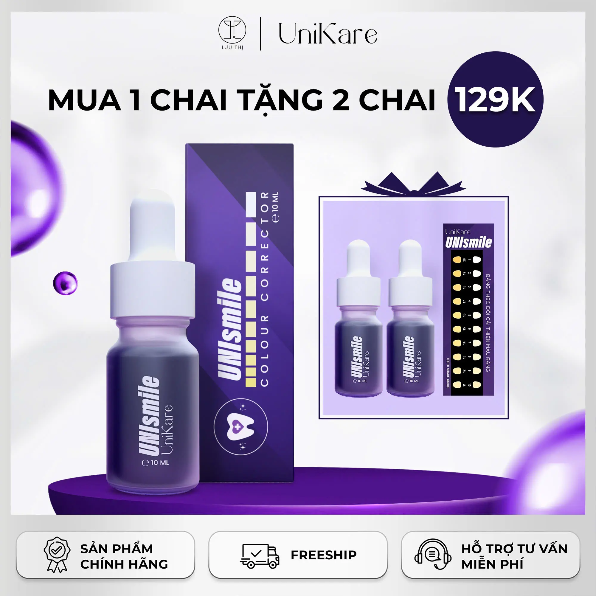 MUA 1 TẶNG 2, Serum hỗ trợ cải thiện vàng răng UNIsmile , hỗ trợ cải thiện tone răng ố vàng trên răng - UniKare 10ML - 30ML