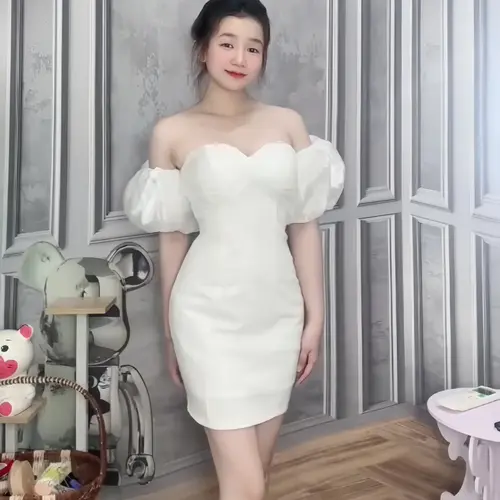 Váy Dự Tiệc Trễ vai Body Ôm gọn Trơn chất umi co dãn nhẹ Phối Tay Bồng Tơ Nhũ Mịn Phong Cách Sang Trọng Dành Cho Nữ Hai Màu ĐEN TRĂNG    ( CÓ MUT) Gợi cảm TQ06 Dress Khuy Women Trắng