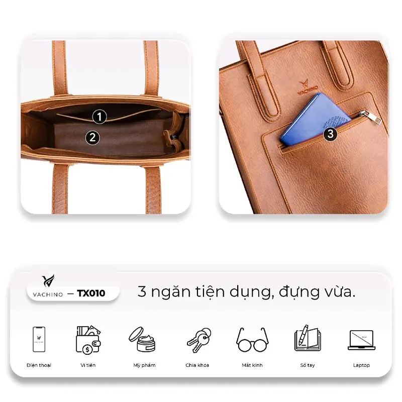 [Tặng Ví móc khóa] Túi Xách Da Nữ Công Sở VACHINO kiểu dáng dọc TX010 đựng vừa laptop, giấy A4 Bag Tote Chữ Nhật Hình Chữ Nhật 5