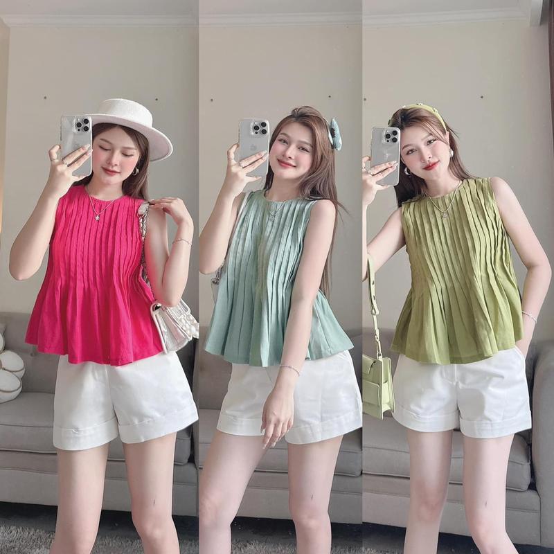 Set đồ bộ áo dập ly sat nách kết hợp quần short trắng ngắn dễ thương Nữ Top Women