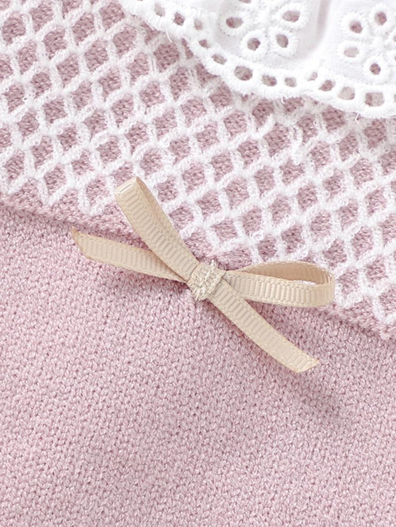 Product Introduction of Two-Piece Set Baby Girl's Argyle Print Eyelet Embroidery Ruffle Trim Sweater & Plain Pants, Cute Scallop Trim Bow Keyhole Neckline Top & Knitting Trousers, Infant Newborn Girls Fall & Winter Knitwear 8