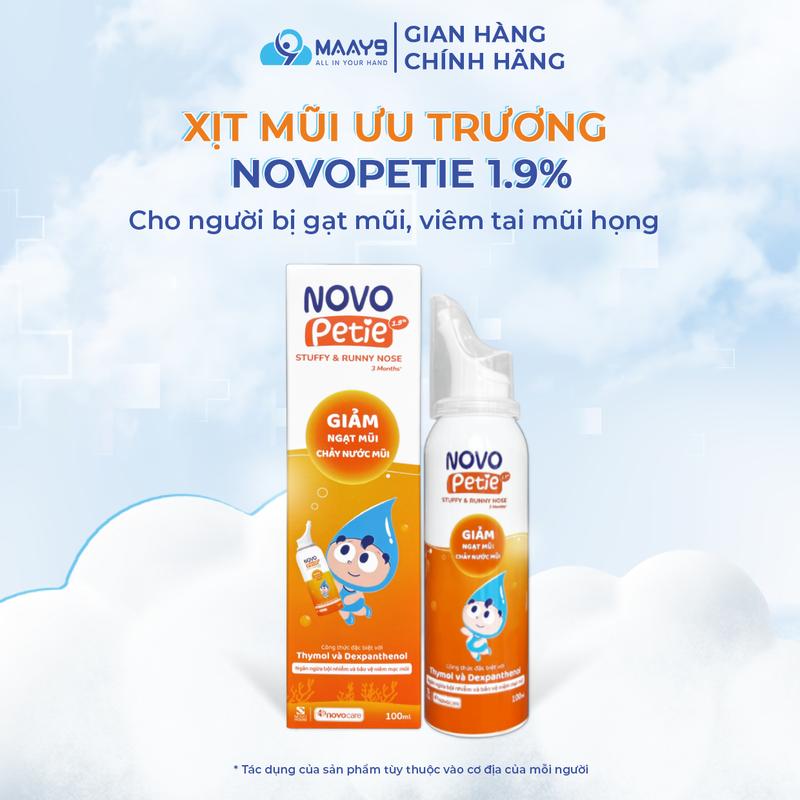 Xịt mũi Novocare Novopetie 1.9% giảm ngạt mũi chảy nước mũi, hỗ trợ ngăn ngừa bội nhiễm và bảo vệ niêm mạc mũi