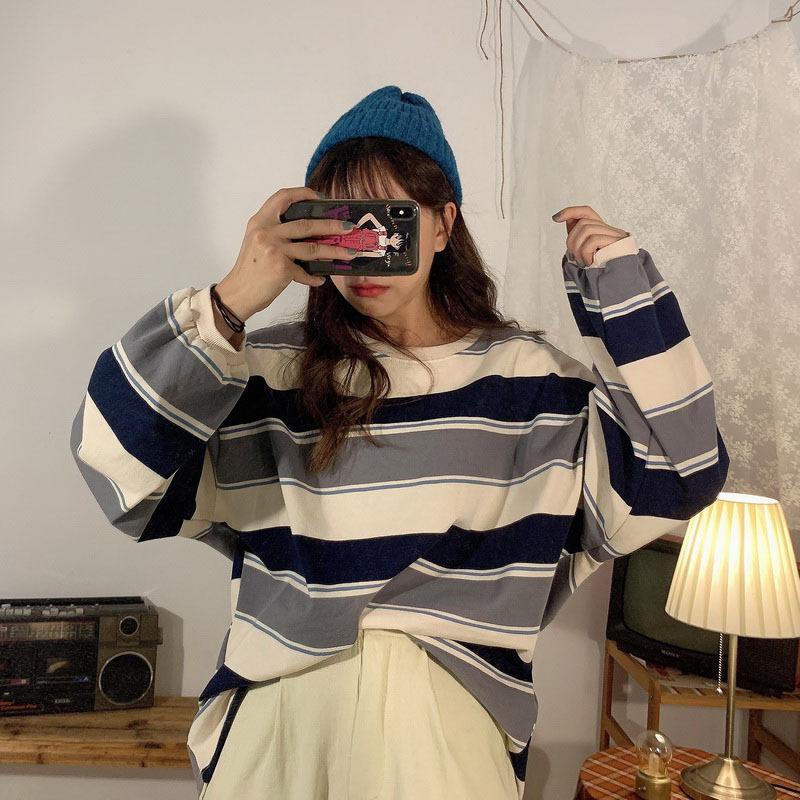 Áo Thun Nữ Hợp Xu hướng Áo Dài Tay Sọc, Phong Cách Thường Ngày Dáng Rộng Vừa Vặn, Áo Hoodie Dài Tay, Thích Hợp Cho Học Sinh, Áo Sơ Mi Cơ Sở, Áo Thun Dài Tay, 2025 3