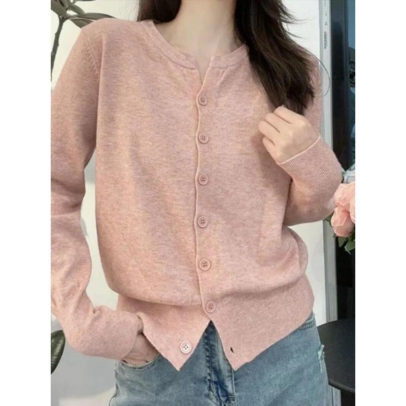 Áo Cardigan Dệt Kim Mỏng, Hàng Mới Về Năm 2024, Dành Cho Nữ, Phong Cách Hàn Quốc, Cổ Tròn, Dáng Rộng Vừa Vặn, Áo Len