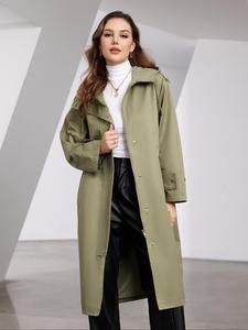 Women's Solid Drawstring Button Front Hooded Trench Coat, Casual Long Sleeve Pocket Outerwear for Fall & Winter, Ladies Clothes for Daily Wear