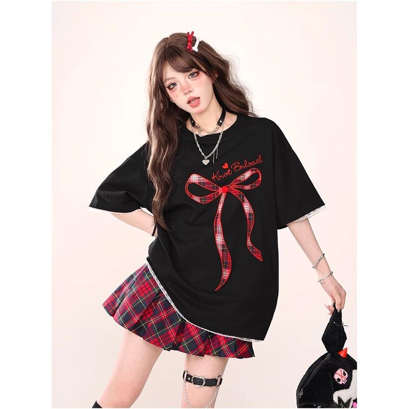 Product Introduction of Áo Thun Nữ ngắn Tay, Thêu Nơ, Có Viền Ren, Phong Cách Thời Trang Nữ, Thích Hợp Mặc Cho Nữ Top Women Cổ Tròn áo phông nữ đẹp,áo thun nữ,áo phông girl phố，áo kiểu xinh,đồ bộ nữ 3