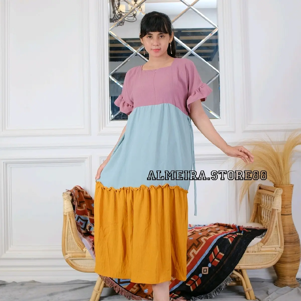 DRESS PELANGI LENGAN TEROMPET CRINKLE AIRFLOW PREMIUM KEKINIAN Baju Busui